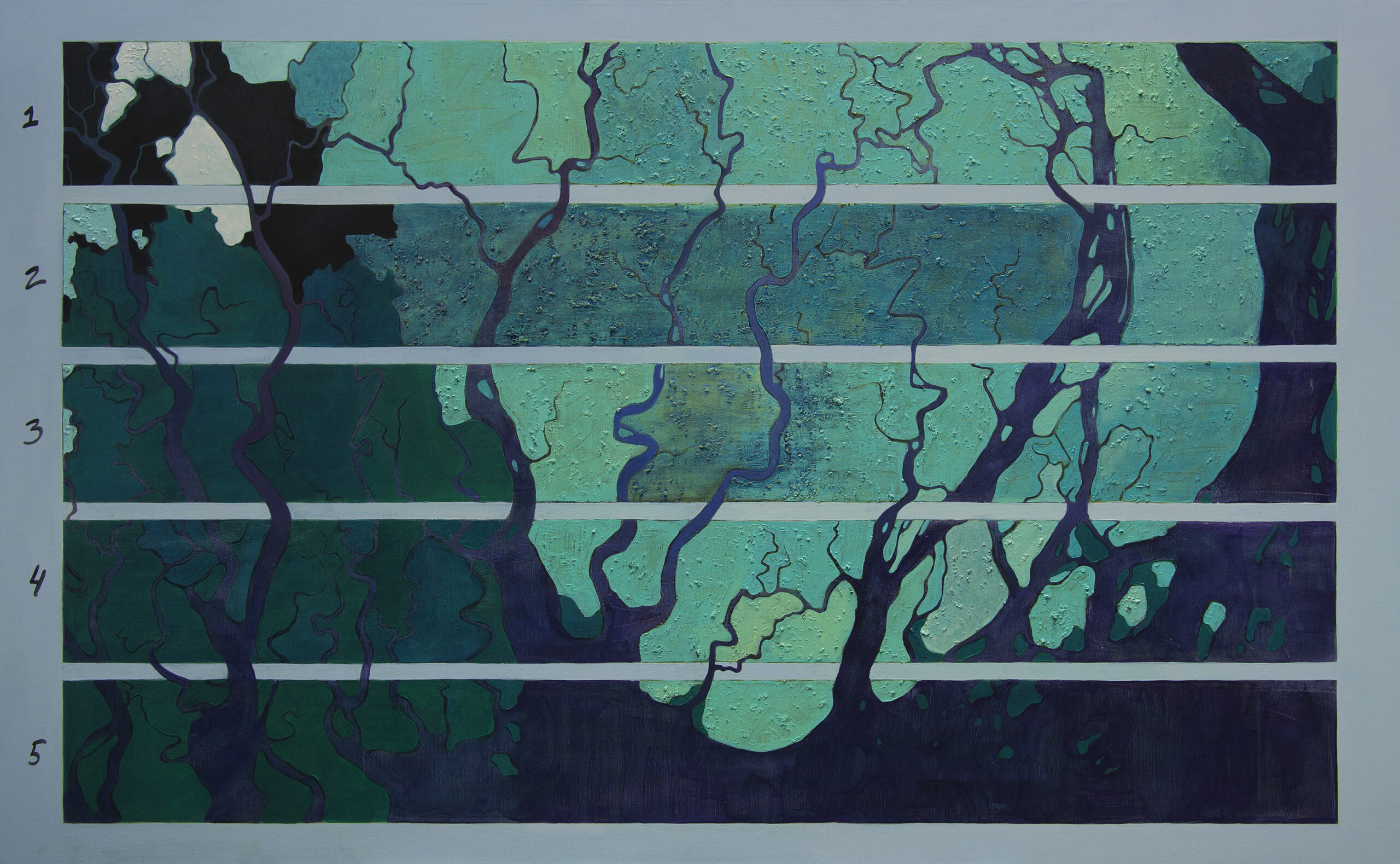 Painting of the Ganges delta abstracted from above - a branching network of channels threading through dense vegetated land and dissolving into open water, divided into five horizontal bands that double as a graphical score.