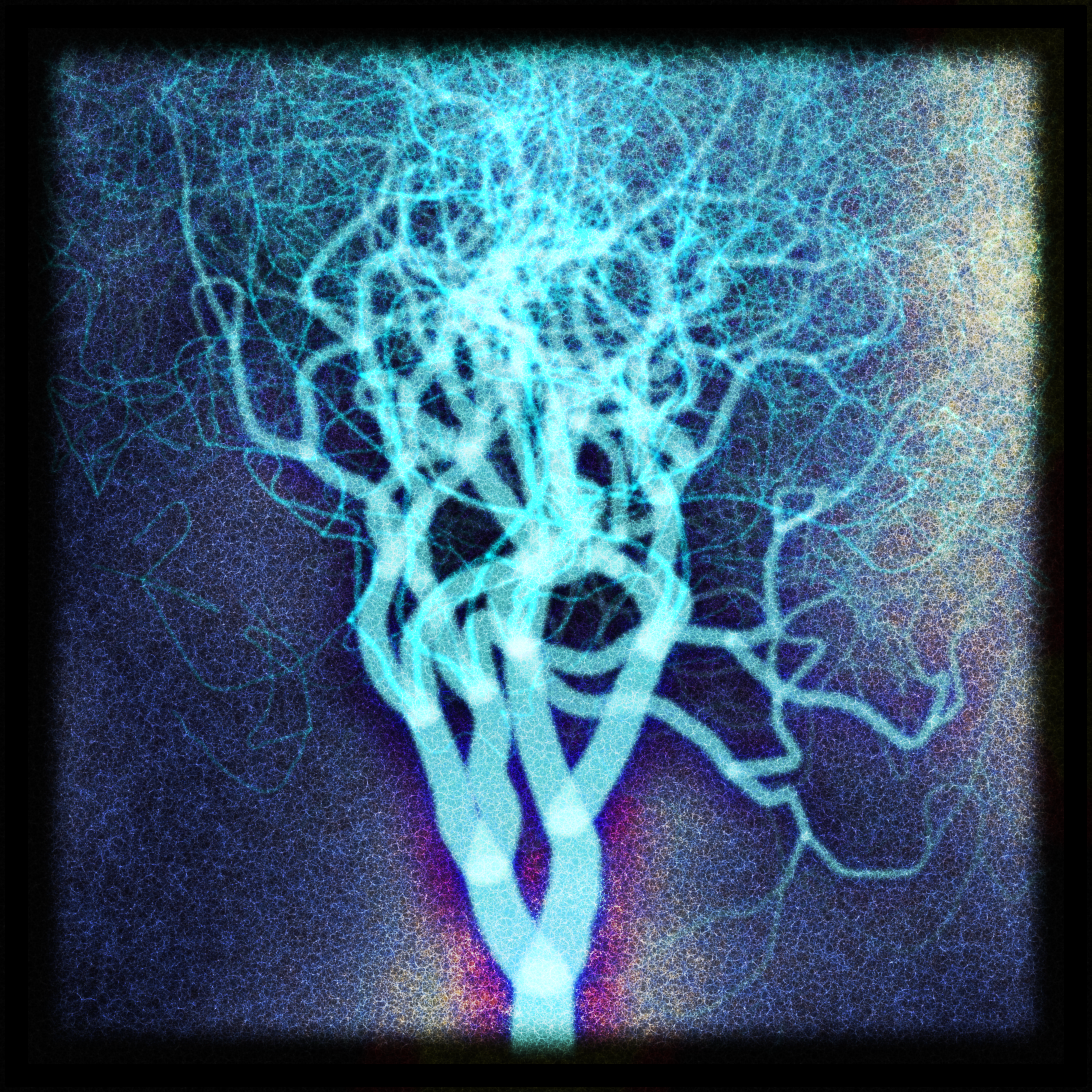 Generative image of a tree fountaining upward in luminous light from a braided, glowing base on a dark ground, fine filaments spraying out like sparks - a singular genesis witnessed.