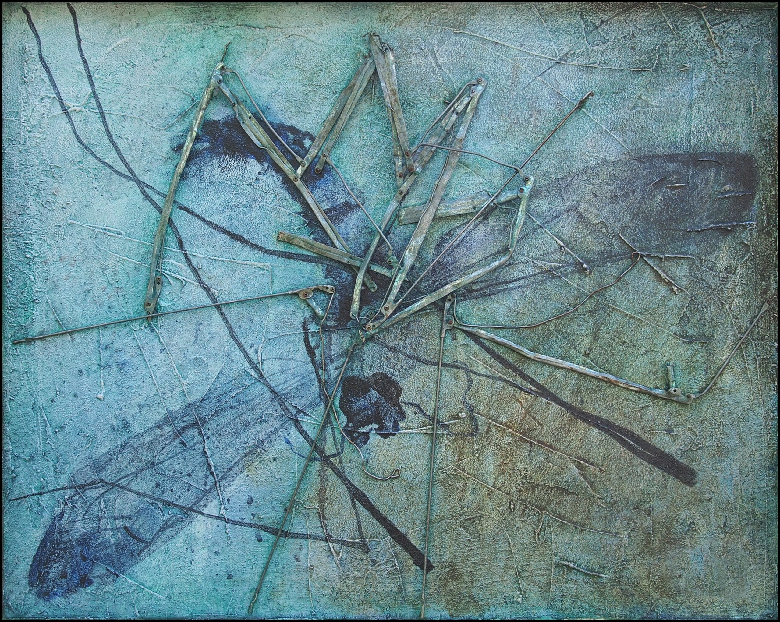 Painting of a mosquito collapsing into a fan of broken umbrella ribs, its body bleeding downward and thin black legs splaying across the scratched, iron-flecked surface.