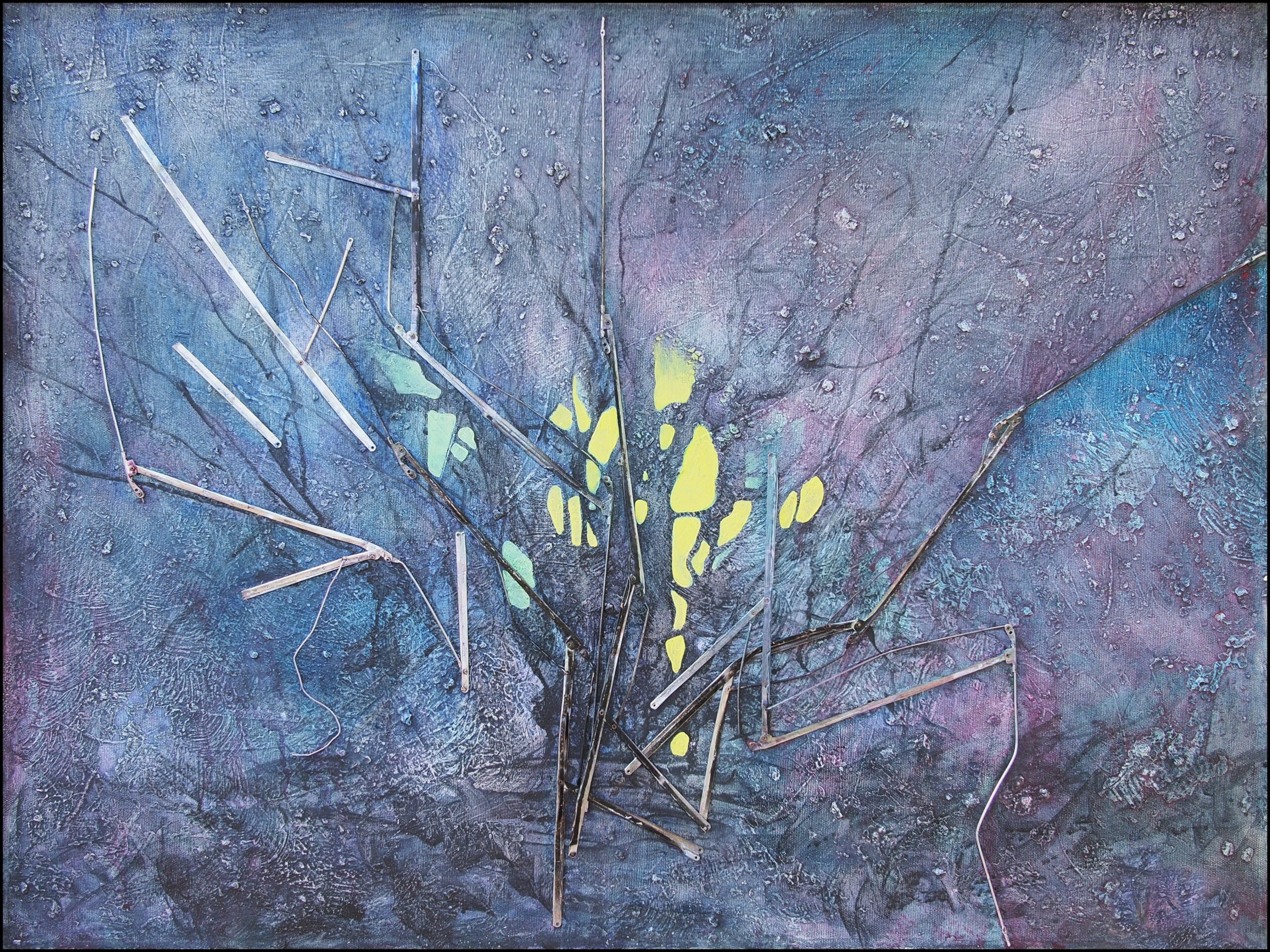 Painting of a small tree sprung from dark earth, its branches a cluster of umbrella ribs with glowing leaves caught among the sticks, on a speckled, textured field.