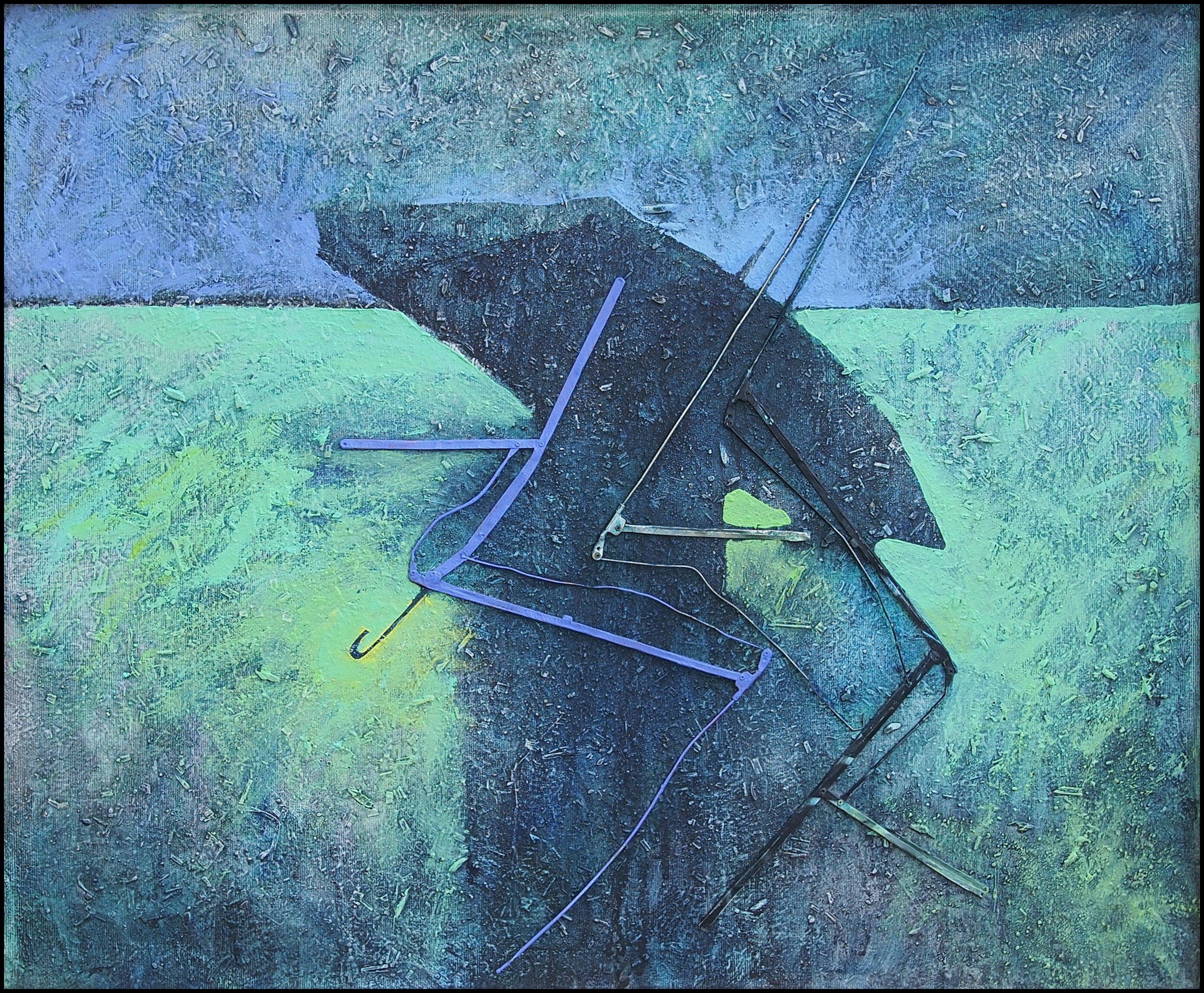 Painting of a broken black umbrella fallen open in a luminous field beneath an overcast sky, its bent frame and curved handle splayed wide, a patch of light glowing at its side.