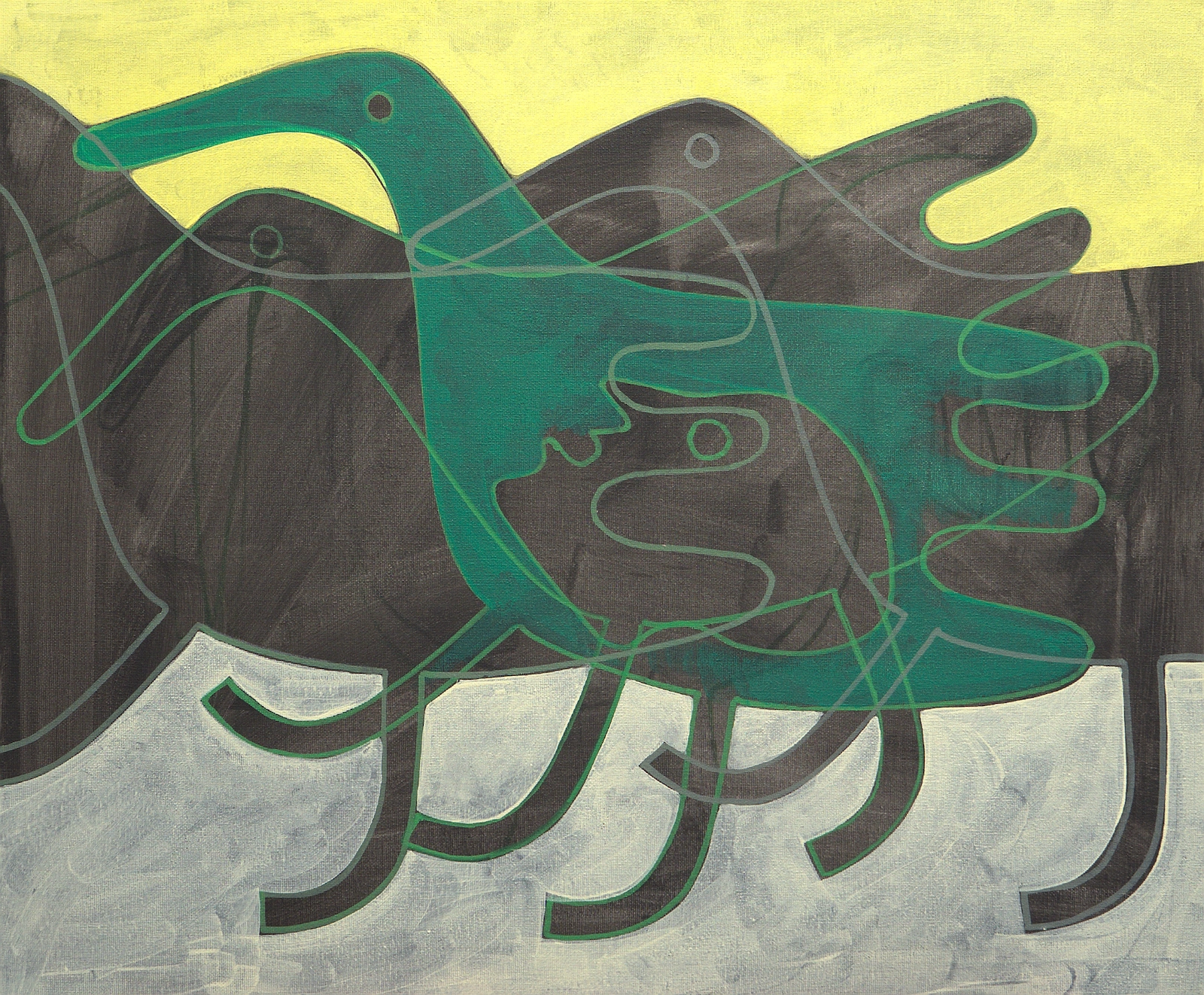 Painting with a yellow upper field and white lower field. Green and charcoal bird-like arms and open hands overlap around a small central profile, crossed by loose grey and green contours.