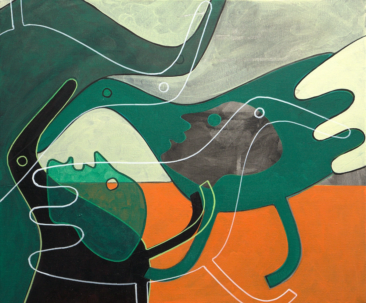Painting with an orange lower field and pale yellow upper field. Large green and black hand-like forms surround a small charcoal profile; white contour lines loop through the overlapping shapes.