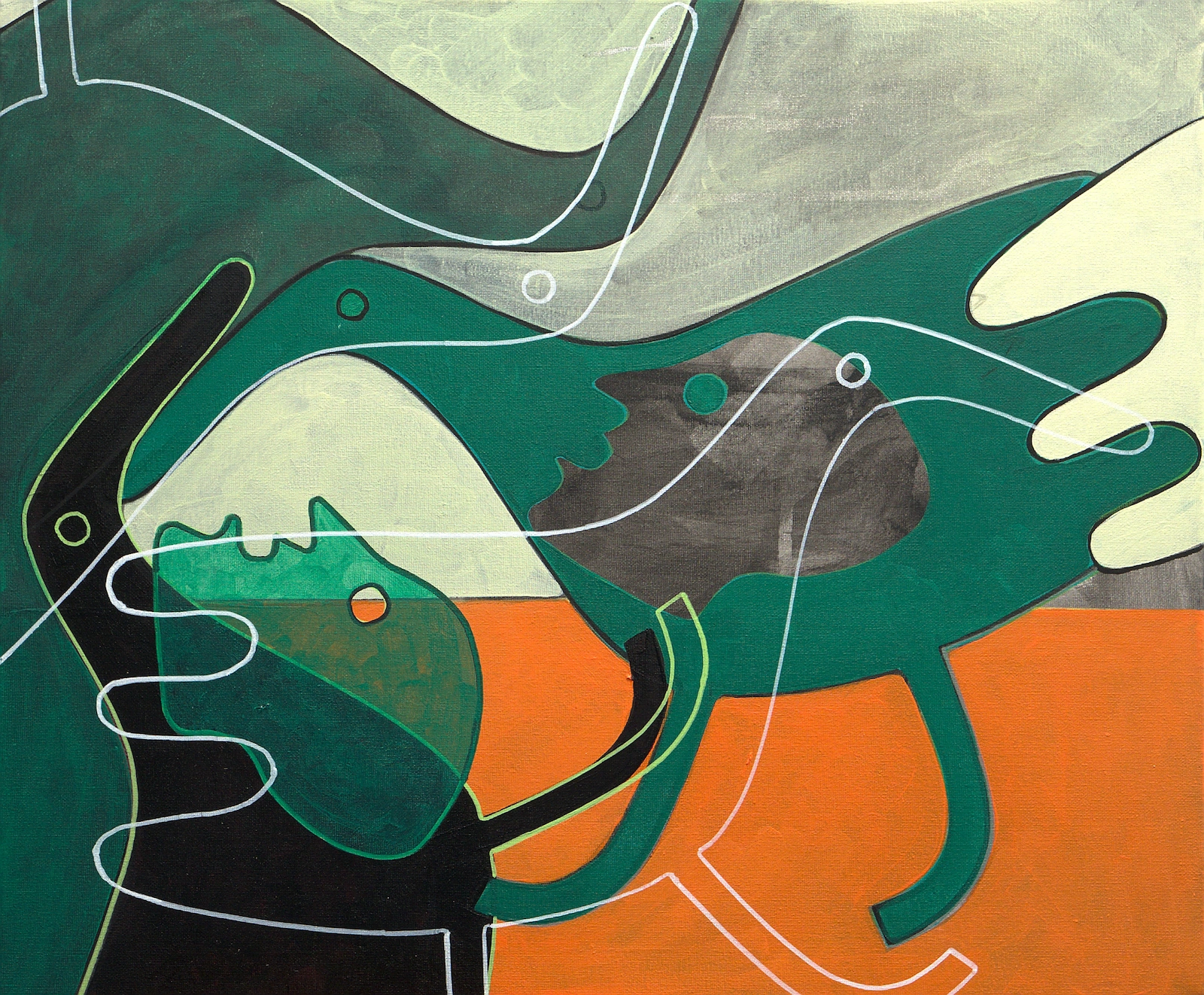 Painting with an orange lower field and pale yellow upper field. Large green and black hand-like forms surround a small charcoal profile; white contour lines loop through the overlapping shapes.