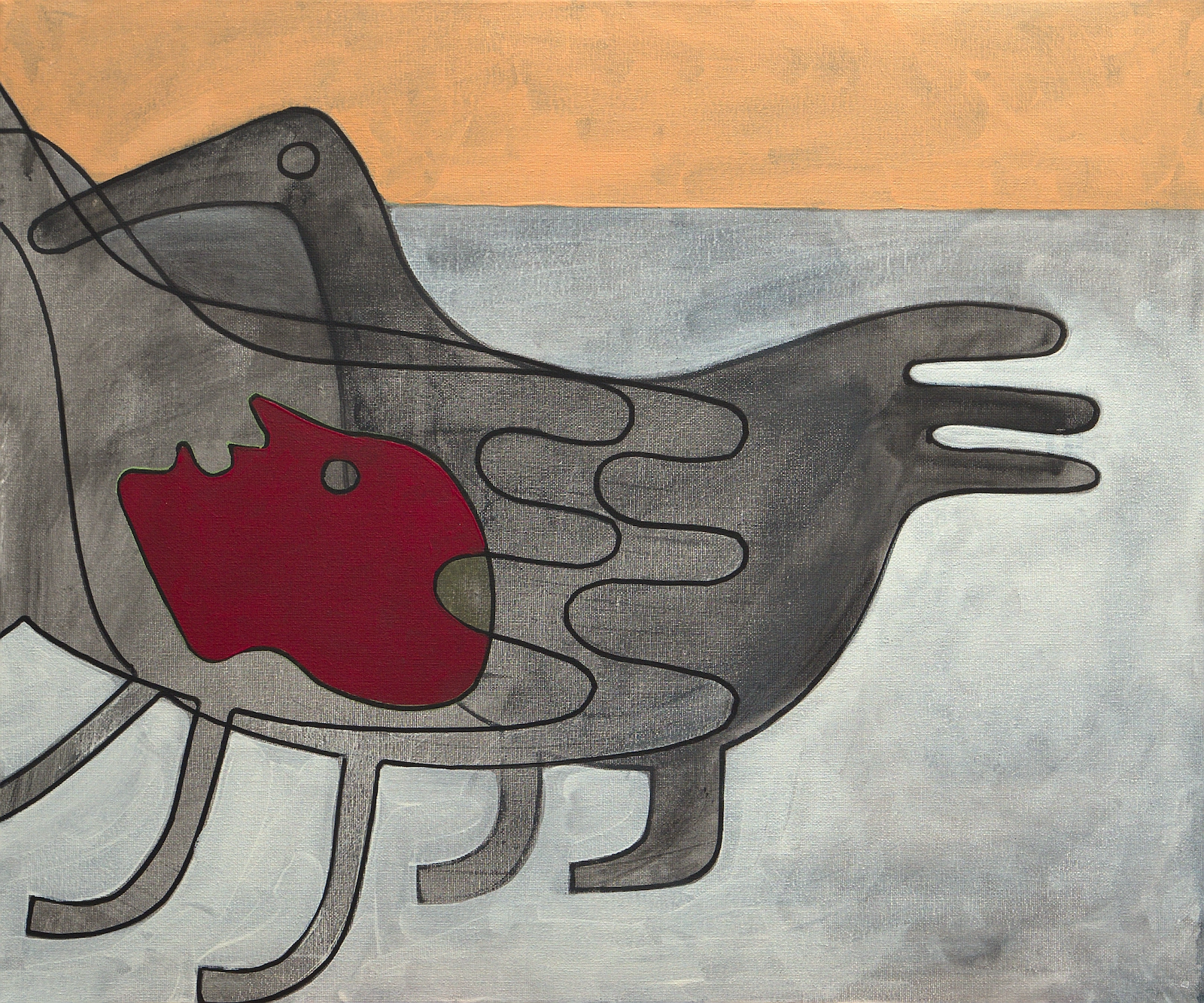 Painting in charcoal grey, white, and muted orange. A large horizontal grey hand carries or covers a vivid red profile while black lines extend across the joined forms.