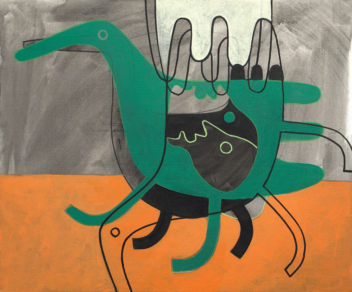 Painting with an orange ground and grey background. Two large green hand- or bird-like shapes overlap around a dark profile, with a pale hand descending from above and black looping contours crossing the scene.