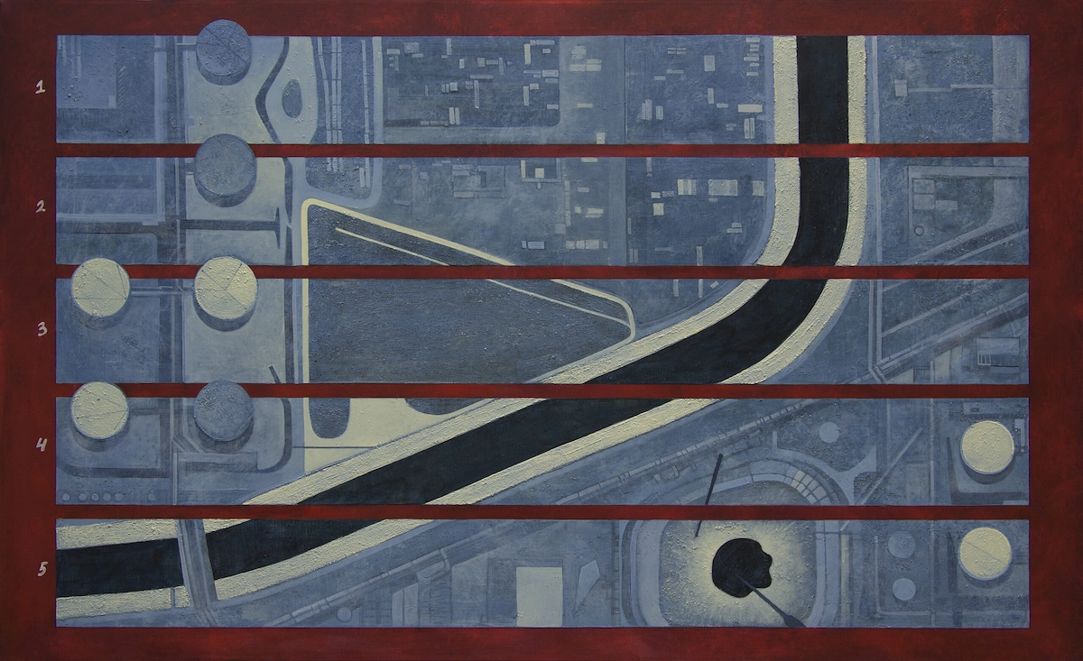 Painting of the Dominguez Channel and the Port of Los Angeles seen from above - a grid of docks, roads and circular storage tanks cut by the dark diagonal of the channel, framed and divided into five horizontal bands that serve as the score's flow of time.