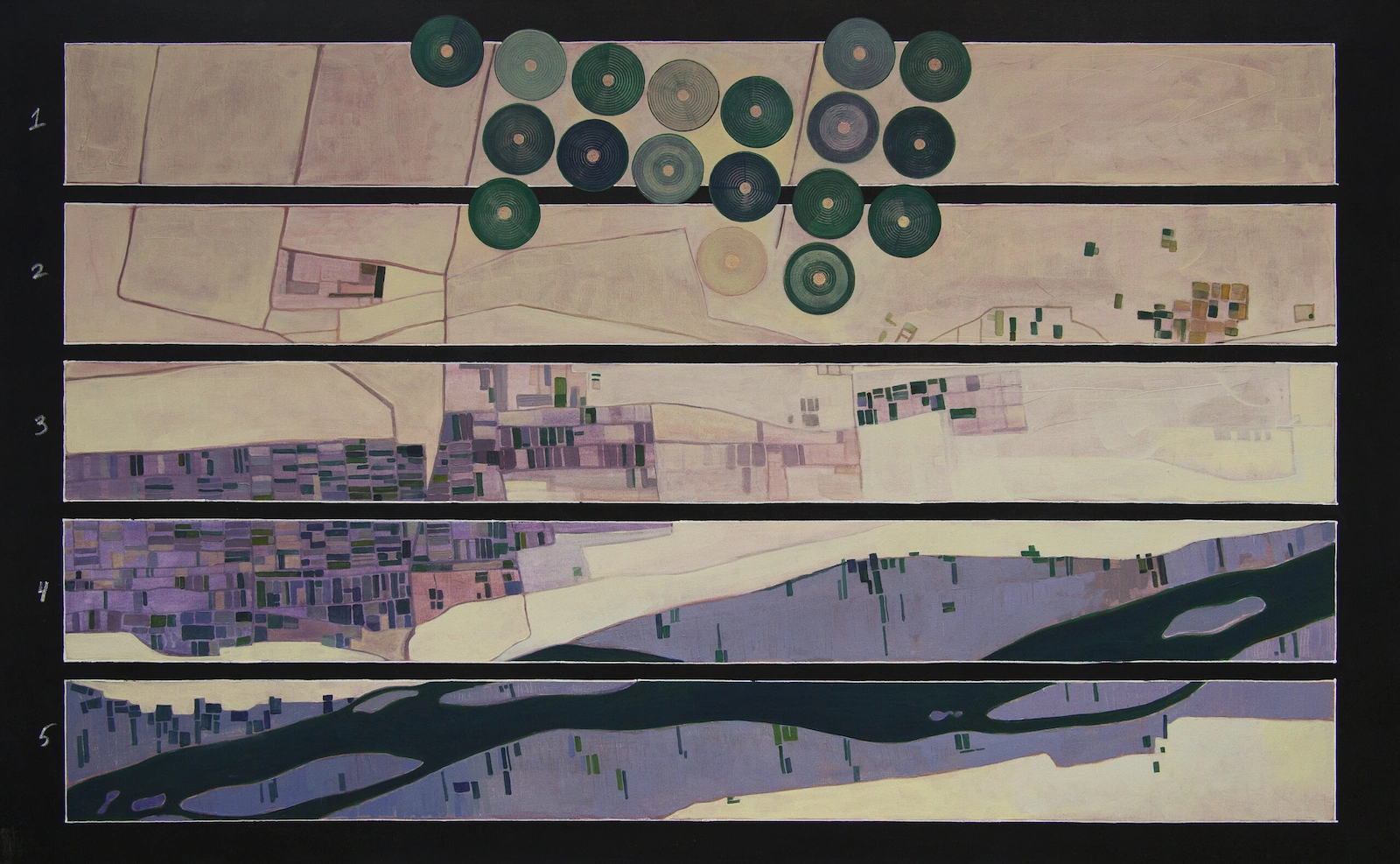 Painting of the Nile sighted from above and abstracted to a map - desert giving way to clustered circular pivot-fields and a patchwork of cultivation, the river threading the lower of its five horizontal bands, read top to bottom as a musical score's flow of time.