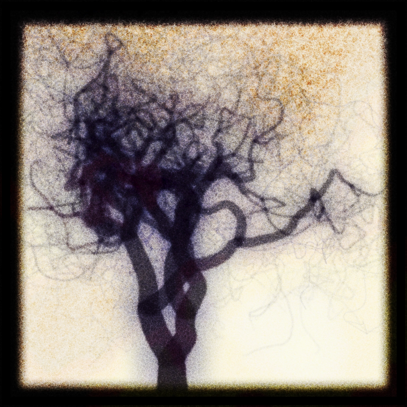 Generative image of a dark tree on a pale, flecked ground, its trunk braided and twisting, its canopy a dense tangle of looping branches trailing into fine tendrils.