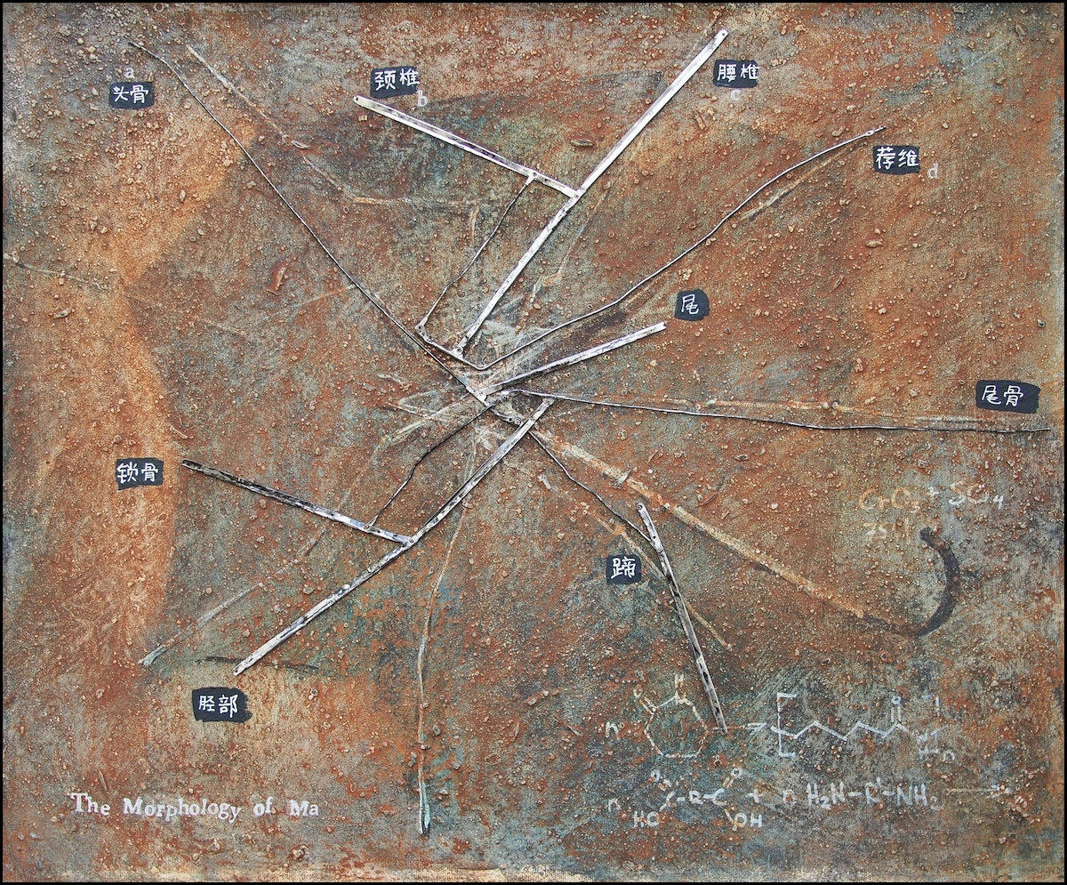 Painting of a rusted, iron-oxidised plate in which umbrella ribs splay from a single joint like the skeleton of a horse, Chinese anatomical labels naming the bones and amino-acid formulae scrawled in the corner - a mock natural-history specimen of decay.
