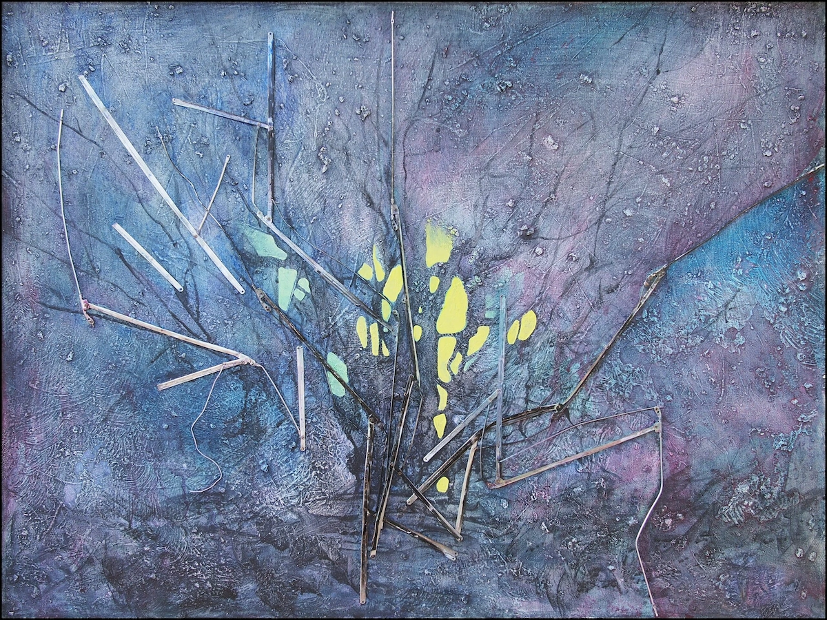 Painting of a small tree sprung from dark earth, its branches a cluster of umbrella ribs with glowing leaves caught among the sticks, on a speckled, textured field.