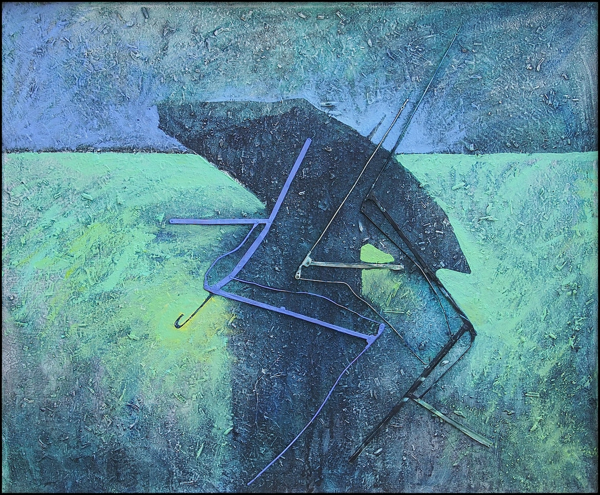 Painting of a broken black umbrella fallen open in a luminous field beneath an overcast sky, its bent frame and curved handle splayed wide, a patch of light glowing at its side.