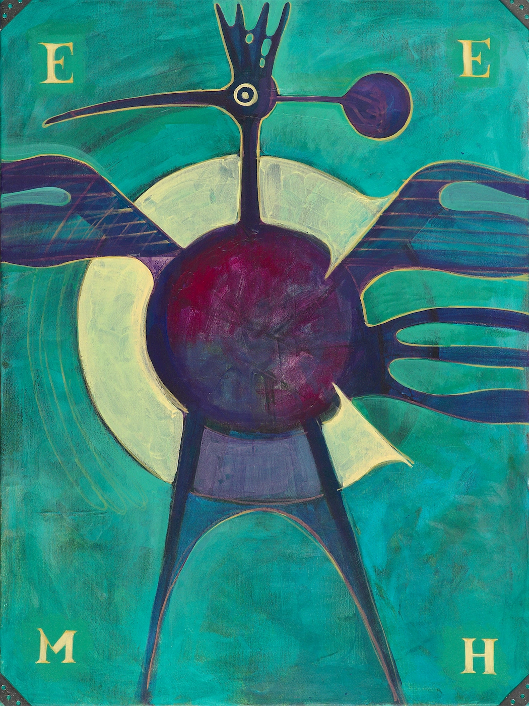 Painting of a frontal, crowned bird figure - a spiky crown over a single round eye, a long beak reaching to a small orb, broad outspread wings and long splayed legs arching beneath a round central body. A large letter C curves around the body, and a letter sits in each corner - E, E, M, H.