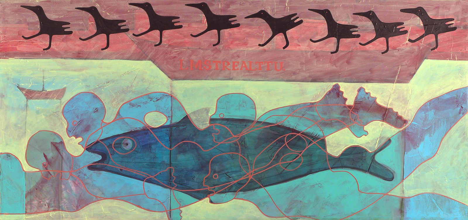 Painting of a large blue fish wrapped in pale figures and red looping lines, below a red band with the painted letters 'LMSTREALTTU.' and a row of black crows, a small boat at the left.