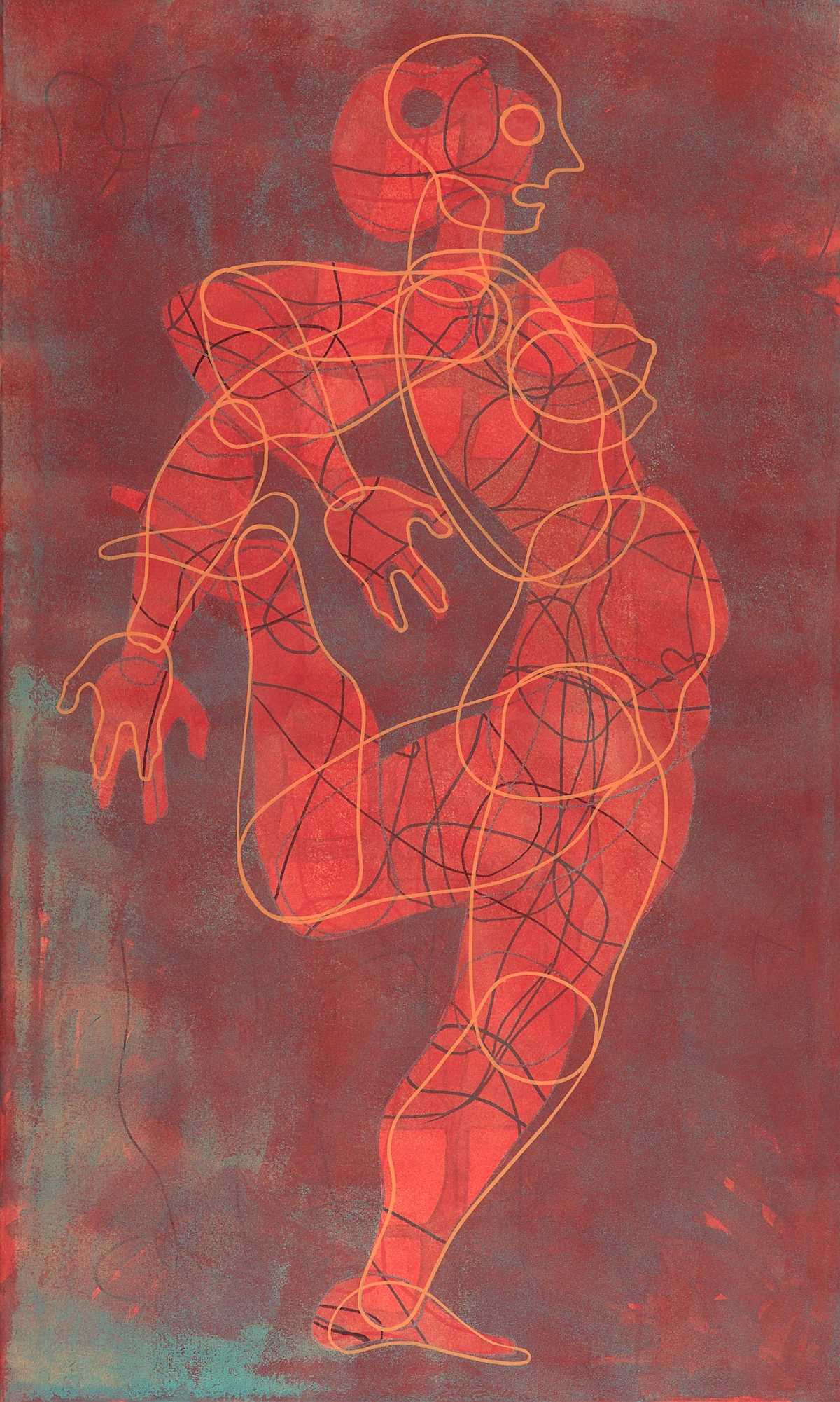 Painting of a solid red figure in profile, one knee raised and arms reaching outward, threaded with loose lines and overlapping outlines.