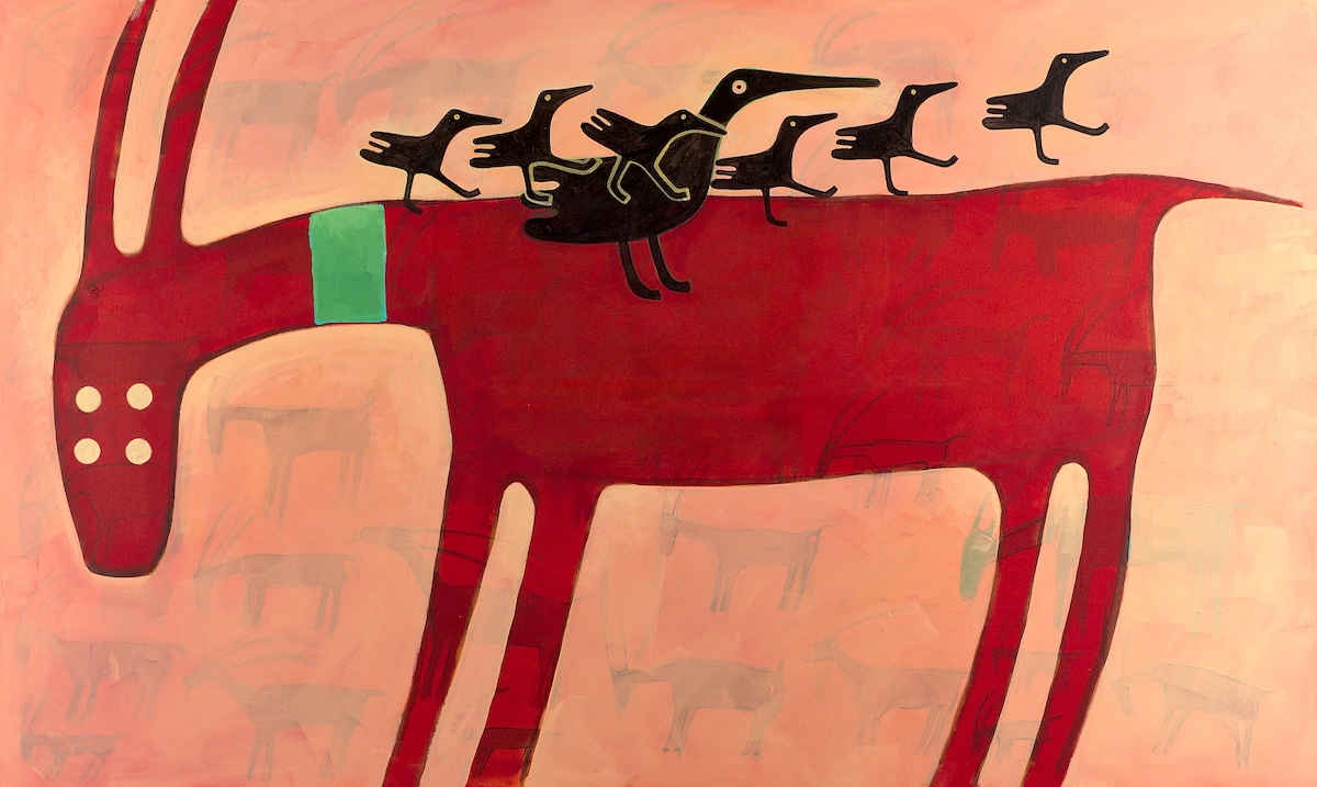 Painting of a long red goat with tall horns and four round eyes, carrying a row of small black birds and a larger overlapping bird on its back.