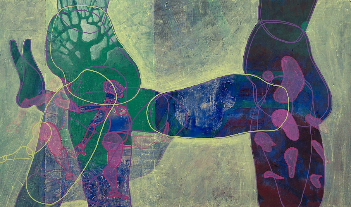 Painting of two upright forms linked by a long horizontal shape, crossed by looping outlines and small hand-like marks.