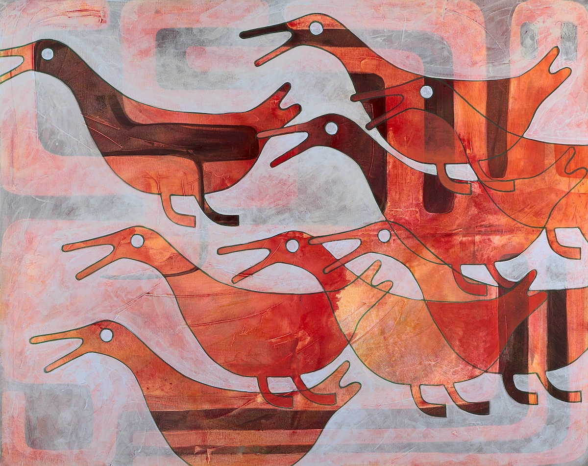 Painting of overlapping ducks with open beaks and lifted feet, repeated at different scales across a layered, looping ground.