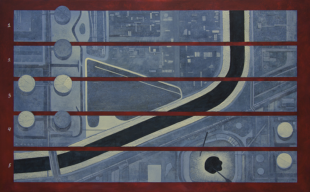 Dominguez Channel, Port of Los Angeles - graphical river score, acrylic on canvas